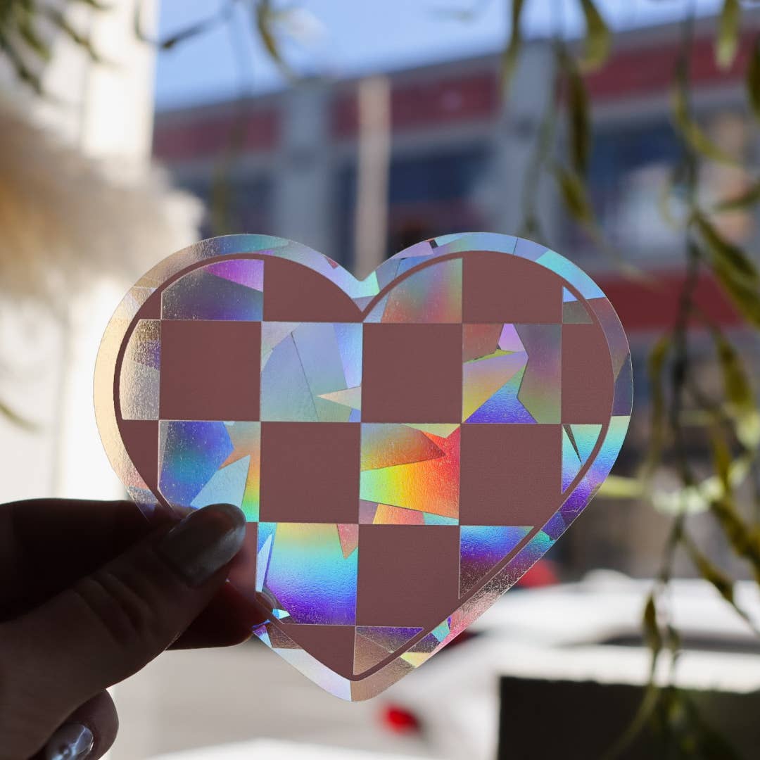 Checkered Pink Heart Suncatcher | Rainbow Sticker