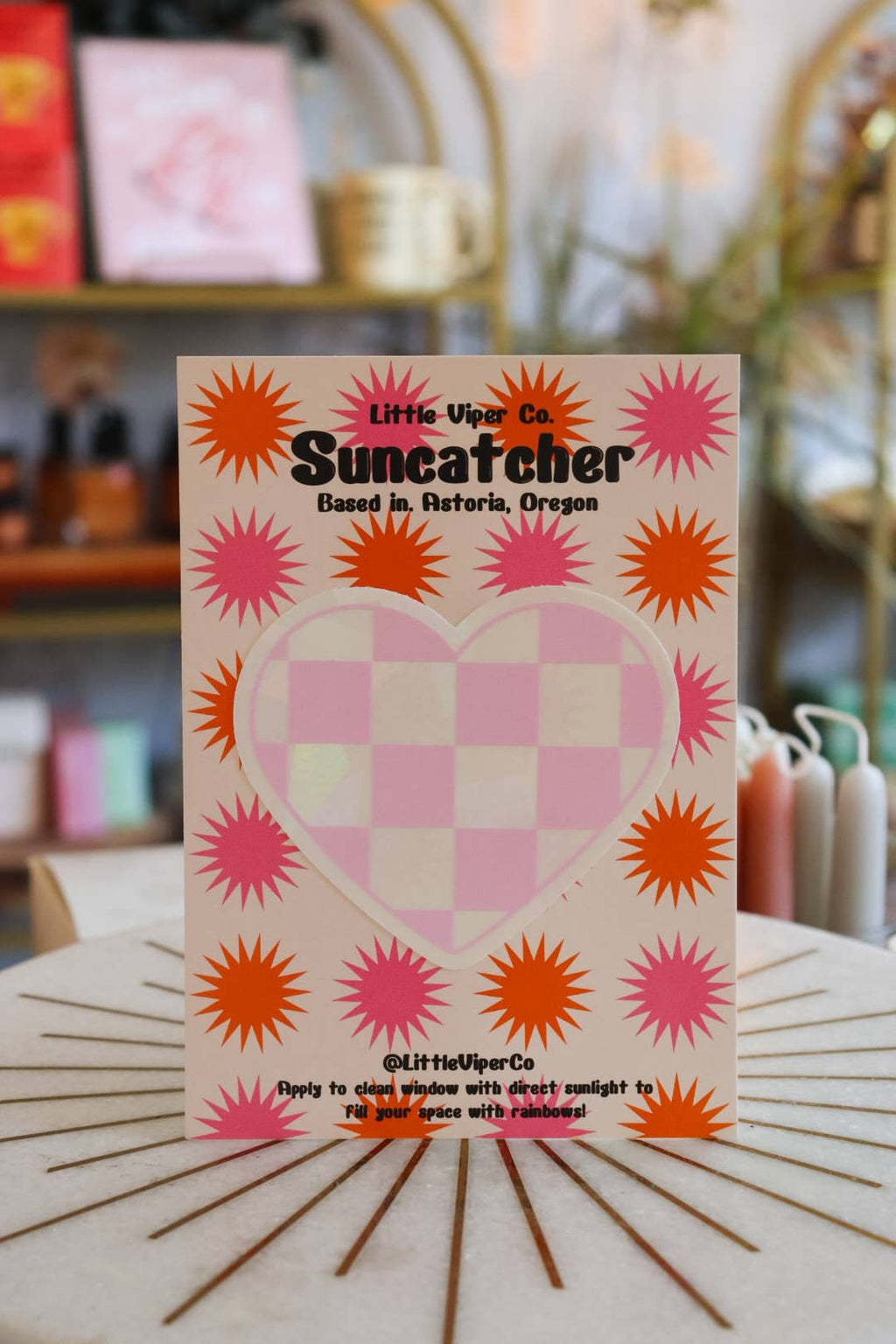 Checkered Pink Heart Suncatcher | Rainbow Sticker