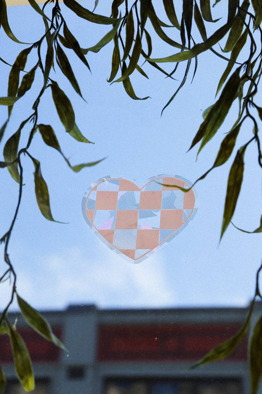 Checkered Pink Heart Suncatcher | Rainbow Sticker
