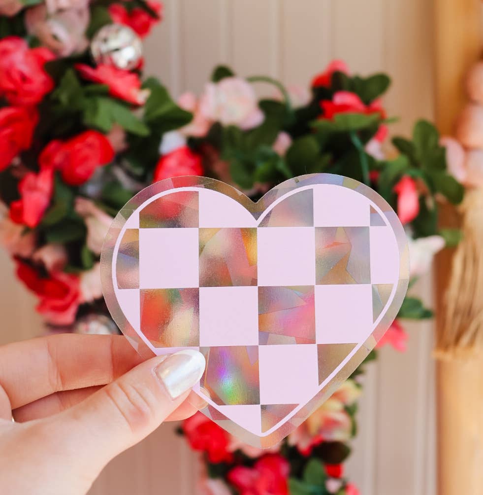 Checkered Pink Heart Suncatcher | Rainbow Sticker