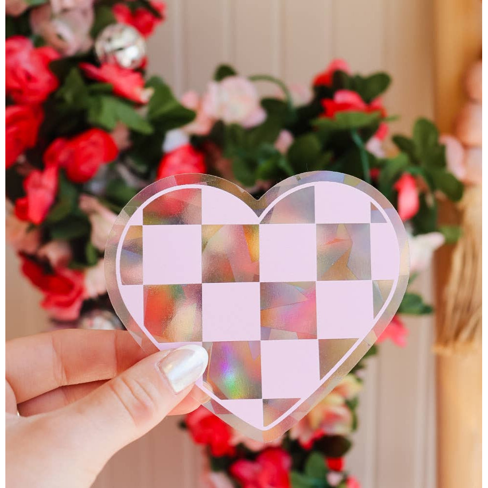 Checkered Pink Heart Suncatcher | Rainbow Sticker